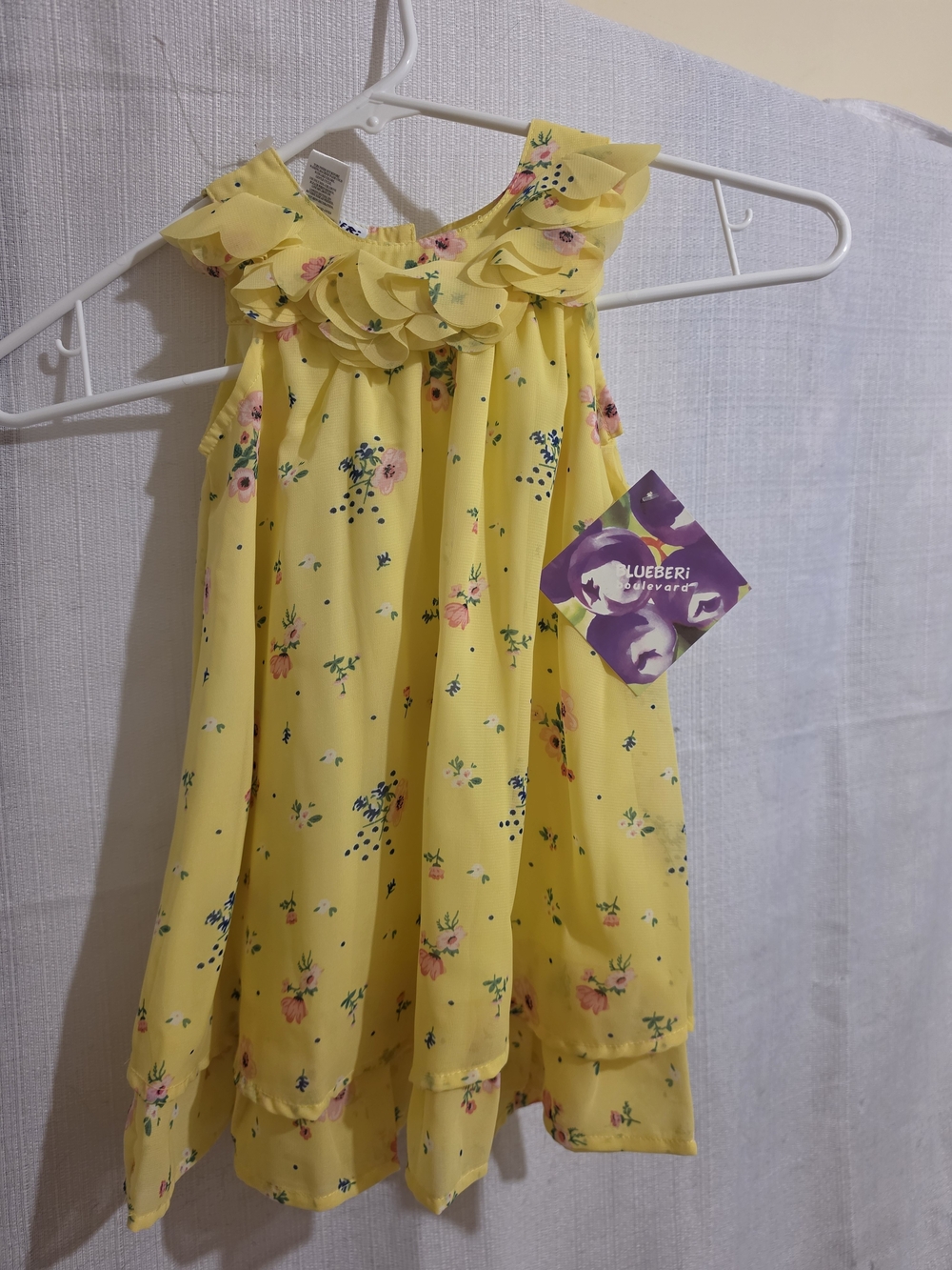Blueberi Boulevard Yellow Floral Ruffle Neck Girls' Dress